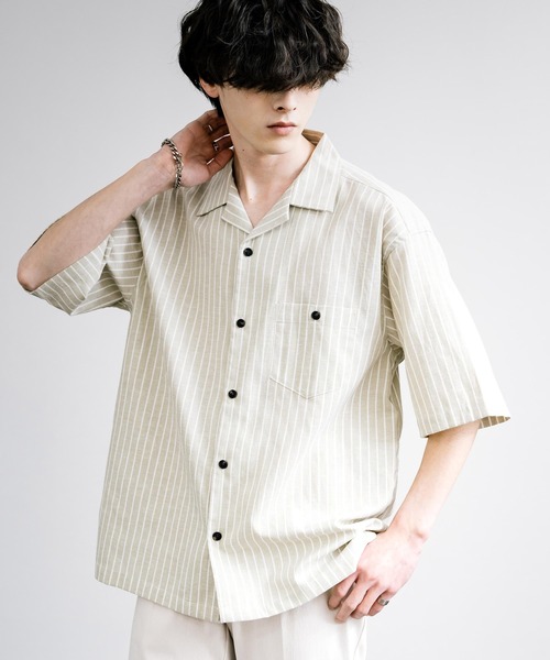 Rocky Monroe(ロッキーモンロー)の「接触冷感 無地/ストライプ リネンミックスオープンカラー半袖シャツ(シャツ/ブラウス・メンズ・グリーン/ベージュ/ネイビー/カーキ/ライトベージュ・M/L/LL)」の3枚目の写真