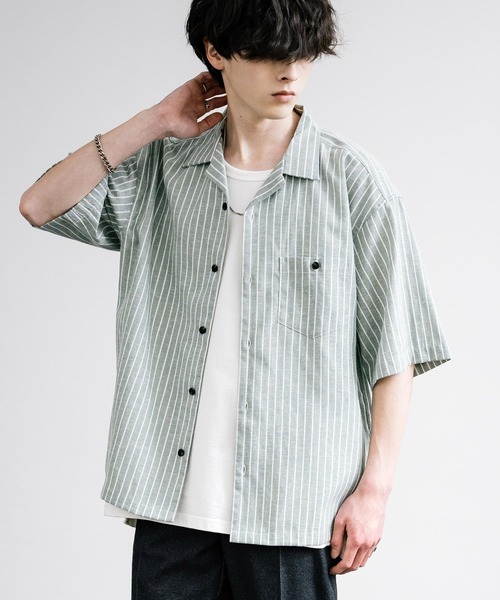 Rocky Monroe(ロッキーモンロー)の「接触冷感 無地/ストライプ リネンミックスオープンカラー半袖シャツ(シャツ/ブラウス・メンズ・グリーン/ベージュ/ネイビー/カーキ/ライトベージュ・M/L/LL)」の4枚目の写真