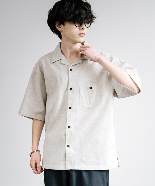 Rocky Monroe(ロッキーモンロー)の「接触冷感 無地/ストライプ リネンミックスオープンカラー半袖シャツ(シャツ/ブラウス・メンズ・グリーン/ベージュ/ネイビー/カーキ/ライトベージュ・M/L/LL)」の7枚目の写真
