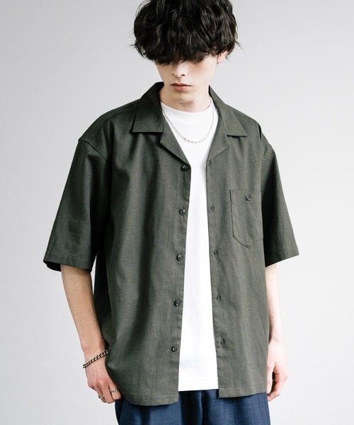 Rocky Monroe(ロッキーモンロー)の「接触冷感 無地/ストライプ リネンミックスオープンカラー半袖シャツ(シャツ/ブラウス・メンズ・グリーン/ベージュ/ネイビー/カーキ/ライトベージュ・M/L/LL)」の15枚目の写真