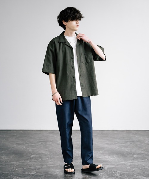 Rocky Monroe(ロッキーモンロー)の「接触冷感 無地/ストライプ リネンミックスオープンカラー半袖シャツ(シャツ/ブラウス・メンズ・グリーン/ベージュ/ネイビー/カーキ/ライトベージュ・M/L/LL)」の17枚目の写真