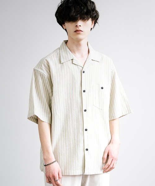 Rocky Monroe(ロッキーモンロー)の「接触冷感 無地/ストライプ リネンミックスオープンカラー半袖シャツ(シャツ/ブラウス・メンズ・グリーン/ベージュ/ネイビー/カーキ/ライトベージュ・M/L/LL)」の10枚目の写真