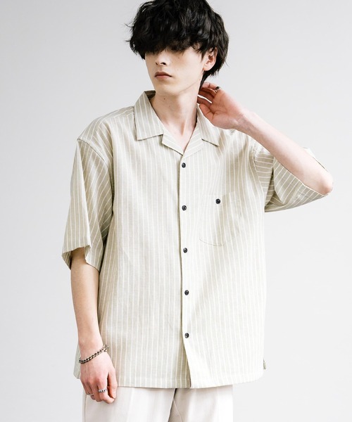 Rocky Monroe(ロッキーモンロー)の「接触冷感 無地/ストライプ リネンミックスオープンカラー半袖シャツ(シャツ/ブラウス・メンズ・グリーン/ベージュ/ネイビー/カーキ/ライトベージュ・M/L/LL)」の11枚目の写真