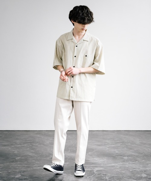 Rocky Monroe(ロッキーモンロー)の「接触冷感 無地/ストライプ リネンミックスオープンカラー半袖シャツ(シャツ/ブラウス・メンズ・グリーン/ベージュ/ネイビー/カーキ/ライトベージュ・M/L/LL)」の12枚目の写真