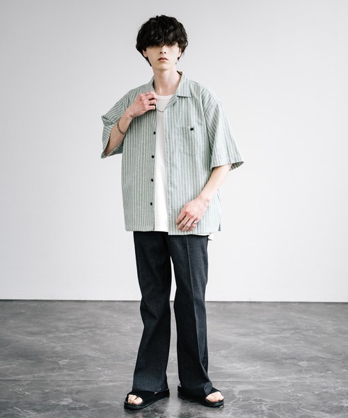 Rocky Monroe(ロッキーモンロー)の「接触冷感 無地/ストライプ リネンミックスオープンカラー半袖シャツ(シャツ/ブラウス・メンズ・グリーン/ベージュ/ネイビー/カーキ/ライトベージュ・M/L/LL)」の20枚目の写真