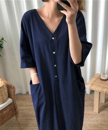 麻タッチVネックシャツワンピース