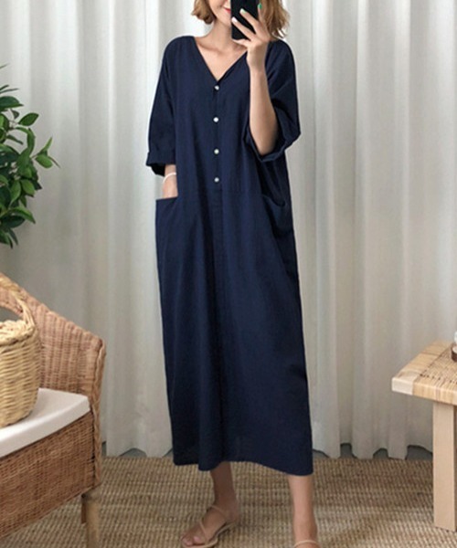 N.s(エヌドットエス)の「麻タッチVネックシャツワンピース(シャツワンピース・レディース・ホワイト/ネイビー・M/L)」の11枚目の写真