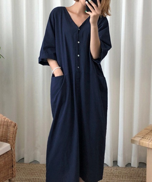 N.s(エヌドットエス)の「麻タッチVネックシャツワンピース(シャツワンピース・レディース・ホワイト/ネイビー・M/L)」の10枚目の写真