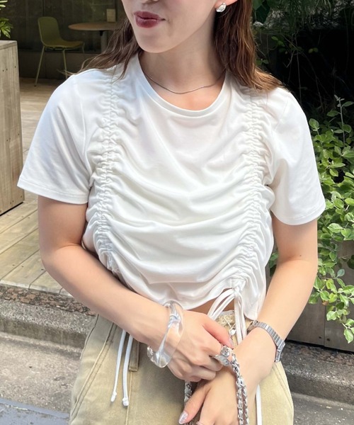 archives（アルシーヴ）の「ギャザーリボンＴシャツ（Tシャツ/カットソー・レディース・オフホワイト/ブラック/グレー・MEDIUM）」の2枚目の写真