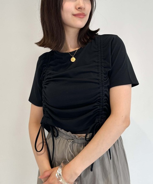 archives（アルシーヴ）の「ギャザーリボンＴシャツ（Tシャツ/カットソー・レディース・オフホワイト/ブラック/グレー・MEDIUM）」の3枚目の写真