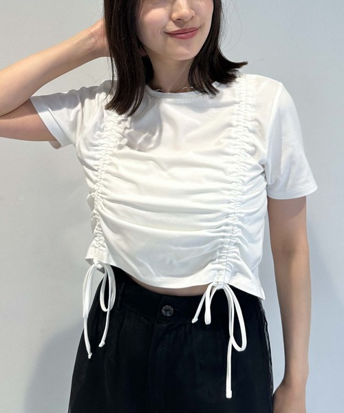 archives（アルシーヴ）の「ギャザーリボンＴシャツ（Tシャツ/カットソー・レディース・オフホワイト/ブラック/グレー・MEDIUM）」の4枚目の写真