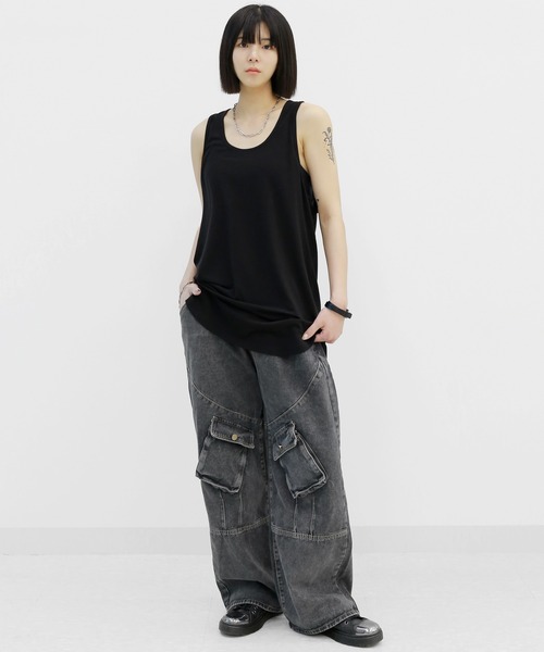 minsobi（ミンソビ）の「レイヤードロングタンクトップ（タンクトップ・メンズ・ブラック/ホワイト・FREE）」の3枚目の写真
