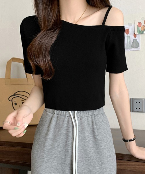 Miniministore(ミニミニストア)の「ニットトップスワンショルダーサマーニット(ニット/セーター・レディース・ピンク/ミント/ホワイト/ブラック・FREE)」の3枚目の写真