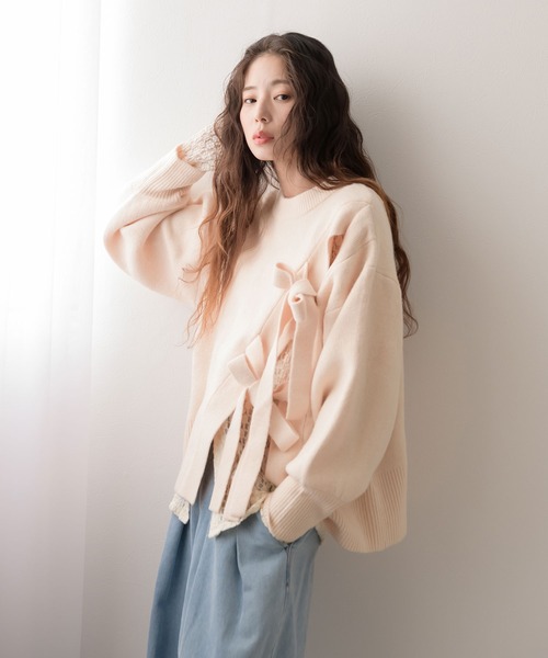 8-1022T◎DESIGNERS REMIX/リボンニット/定価￥27000+TAX/デザイナーズリミックス/S/ABL129008 ニット セーター Ribbon motif mix knit ⁄ リボンモチーフミックスニット レディース