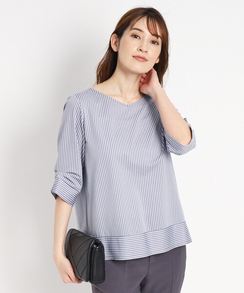 【セール】【洗える／日本製】パンツスタイルにおすすめ！ストライプ柄プルオーバージャージ（Tシャツ/カットソー）｜COUP DE CHANCE（クードシャンス）