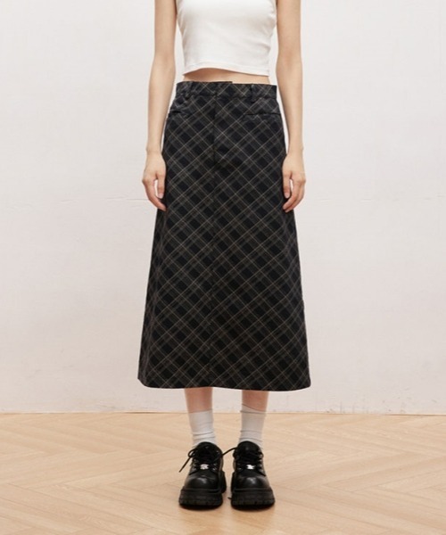 gossip！ロサンゼルス（ゴシップロサンゼルス）の「ヴィンテージスタイル チェック柄Aラインロングスカート カジュアルロングスカート（スカート・レディース・ブラック・S/M/L）」の3枚目の写真