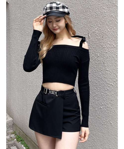 GYDA（ジェイダ）の「ベロアリボンオフショルニットトップス（ニット/セーター・レディース・ブラック/オフホワイト・FREE）」の3枚目の写真