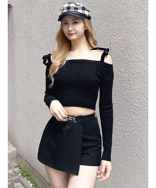 GYDA（ジェイダ）の「ベロアリボンオフショルニットトップス（ニット/セーター・レディース・ブラック/オフホワイト・FREE）」の5枚目の写真