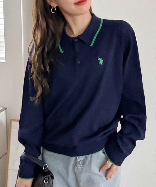 U.S. POLO ASSN.(ユーエスポロアッスン)の「U.S. POLO ASSN. /ユーエスポロアッスン Ada.別注 長袖ワンポイント春ニットポロシャツ(ニット/セーター・レディース・ネイビー/ブラウン/アイボリー/ブラック/ダークオリーブ/ブルー系その他/ライトグレー/ライトピンク・S/M/L)」の7枚目の写真