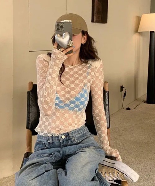 HALEY PESCA（ヘーリーペスカ）の「HALEY PESCA/フラワーシースルートップス（Tシャツ/カットソー・レディース・ブラック/アイボリー・LARGE/MEDIUM/SMALL）」の4枚目の写真