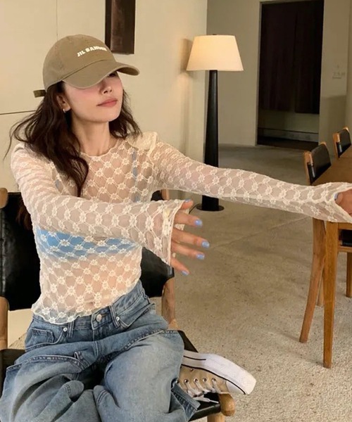 HALEY PESCA（ヘーリーペスカ）の「HALEY PESCA/フラワーシースルートップス（Tシャツ/カットソー・レディース・ブラック/アイボリー・LARGE/MEDIUM/SMALL）」の5枚目の写真