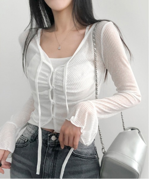 gossip！ロサンゼルス（ゴシップロサンゼルス）の「Y2K ベルスリーブシアーストラップカーディガン（Tシャツ/カットソー・レディース・ピンク/オフホワイト/ブルー/イエロー・FREE）」の2枚目の写真