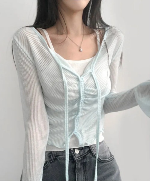 gossip！ロサンゼルス（ゴシップロサンゼルス）の「Y2K ベルスリーブシアーストラップカーディガン（Tシャツ/カットソー・レディース・ピンク/オフホワイト/ブルー/イエロー・FREE）」の3枚目の写真