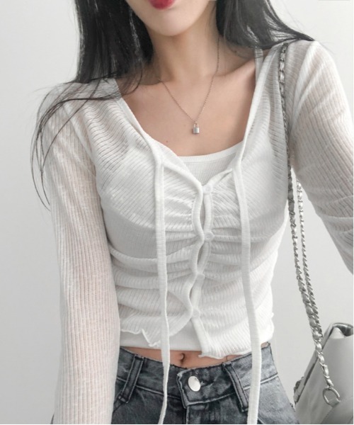 gossip！ロサンゼルス（ゴシップロサンゼルス）の「Y2K ベルスリーブシアーストラップカーディガン（Tシャツ/カットソー・レディース・ピンク/オフホワイト/ブルー/イエロー・FREE）」の18枚目の写真