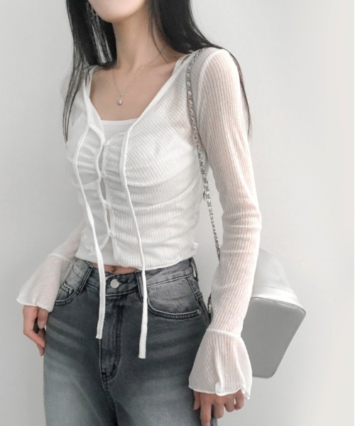 gossip！ロサンゼルス（ゴシップロサンゼルス）の「Y2K ベルスリーブシアーストラップカーディガン（Tシャツ/カットソー・レディース・ピンク/オフホワイト/ブルー/イエロー・FREE）」の19枚目の写真