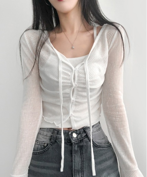 gossip！ロサンゼルス（ゴシップロサンゼルス）の「Y2K ベルスリーブシアーストラップカーディガン（Tシャツ/カットソー・レディース・ピンク/オフホワイト/ブルー/イエロー・FREE）」の20枚目の写真