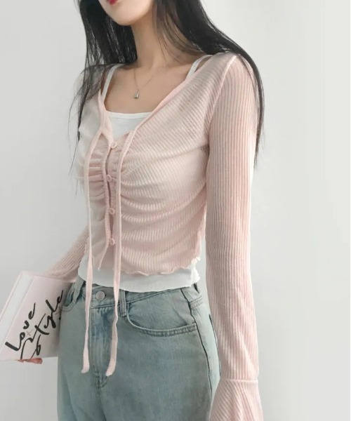 gossip！ロサンゼルス（ゴシップロサンゼルス）の「Y2K ベルスリーブシアーストラップカーディガン（Tシャツ/カットソー・レディース・ピンク/オフホワイト/ブルー/イエロー・FREE）」の22枚目の写真