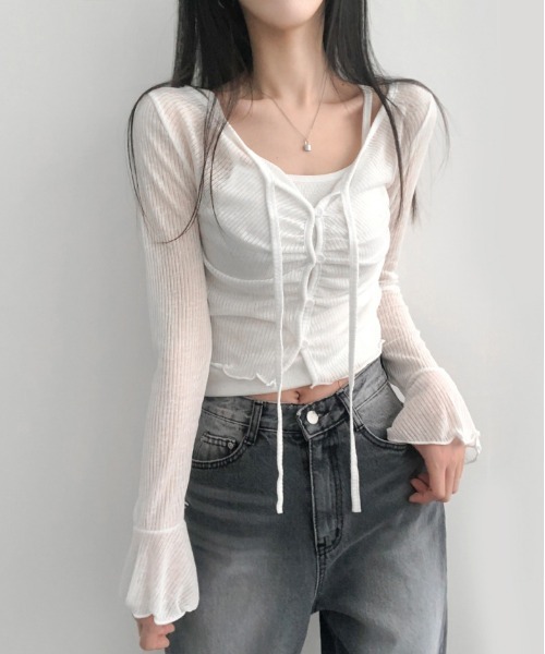 gossip！ロサンゼルス（ゴシップロサンゼルス）の「Y2K ベルスリーブシアーストラップカーディガン（Tシャツ/カットソー・レディース・ピンク/オフホワイト/ブルー/イエロー・FREE）」の8枚目の写真