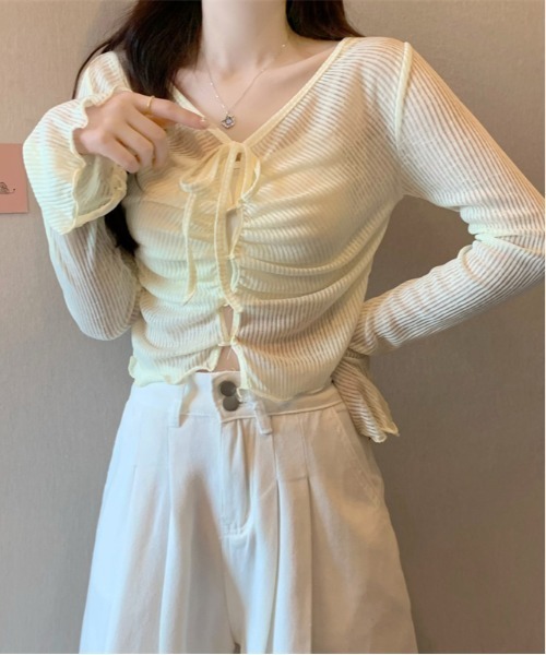 gossip！ロサンゼルス（ゴシップロサンゼルス）の「Y2K ベルスリーブシアーストラップカーディガン（Tシャツ/カットソー・レディース・ピンク/オフホワイト/ブルー/イエロー・FREE）」の11枚目の写真