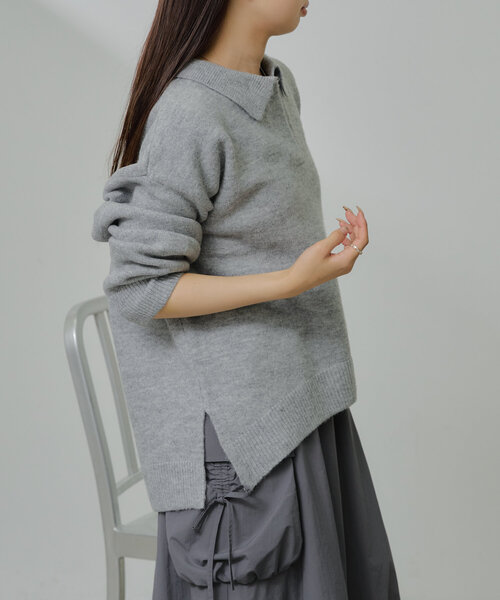 チクチクしないニット】スキッパーポロ刺繍ニット（ニット