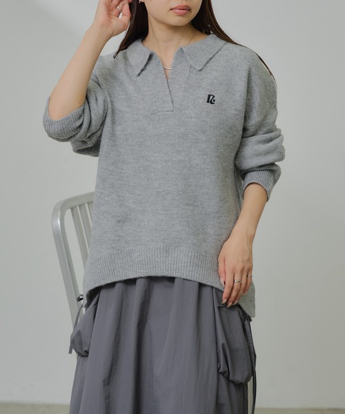 チクチクしないニット】スキッパーポロ刺繍ニット（ニット
