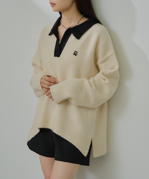 チクチクしないニット】スキッパーポロ刺繍ニット（ニット