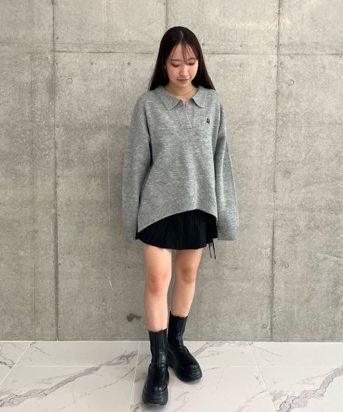 チクチクしないニット】スキッパーポロ刺繍ニット（ニット