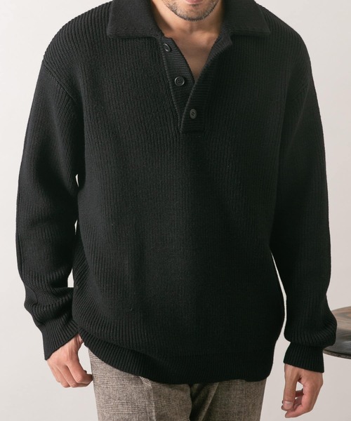 【早い者勝ち❗️】stone  襟付きニット　ブラック　XL セール】『XLサイズあり』メリノウールリラックスポロニット（ニット