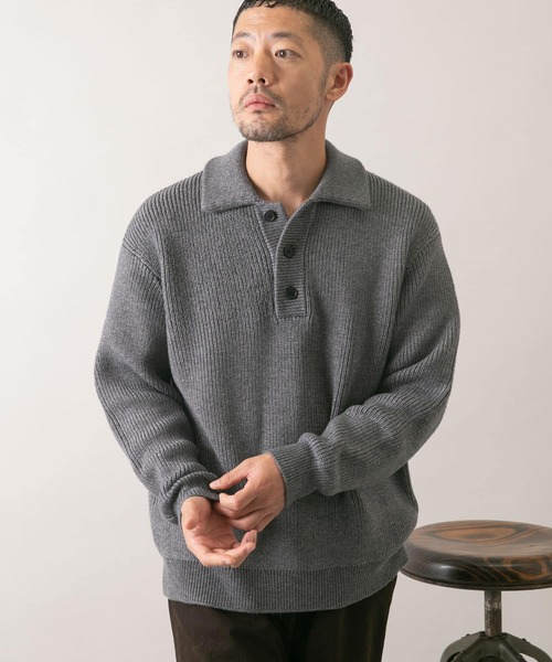 【トーテム】メリノウールリブニットポロセーター ブラック XS リブ 襟付き セール】『XLサイズあり』メリノウールリラックスポロニット（ニット