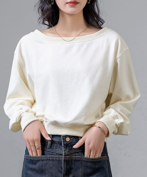 DAY CLOSET（デイ クローゼット）の「【ショート丈/そのまま肩出しワンショル】長袖 2WAY オフショルダー スウェット トレーナー レディース（スウェット・レディース・グレー/アイボリー/ブラック・FREE）」の5枚目の写真