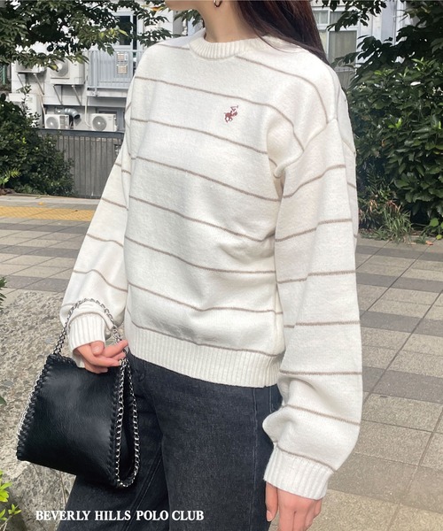 BEVERLY HILLS POLO CLUB(ビバリーヒルズポロクラブ)の「【BEVERLY HILLS POLO CLUB】ボーダーニットプルオーバー(ニット/セーター・レディース・ベージュ/ネイビー/ブラウン/ボルドー/オフホワイト・FREE)」の2枚目の写真