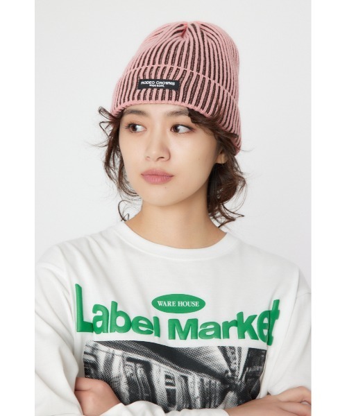 RODEO CROWNS WIDE BOWL（ロデオクラウンズワイドボウル）の「2COL リブビーニー（ニットキャップ/ビーニー・レディース・ライム/スモークピンク/オフホワイト・FREE）」の3枚目の写真