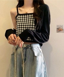 2点セット Vネックカーディガン&チェック柄キャミソール