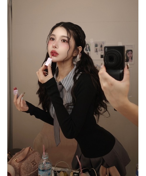 ダーリッチ darich シャツドッキングツイードミニワンピース BLK シャツドッキングニットミニワンピース（ワンピース）｜Darich