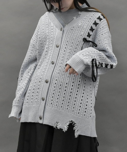 axes femme POETIQUE（アクシーズファムポエティック）の「レースアップデザインカーディガン（カーディガン/ボレロ・レディース・グレー/ブラック/ブルーグリーン・MEDIUM）」の3枚目の写真