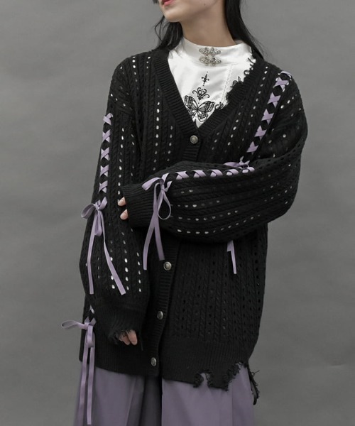 axes femme POETIQUE（アクシーズファムポエティック）の「レースアップデザインカーディガン（カーディガン/ボレロ・レディース・グレー/ブラック/ブルーグリーン・MEDIUM）」の12枚目の写真