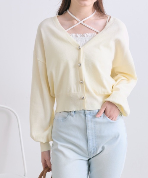 OLIVE des OLIVE(オリーブデオリーブ)の「ハートボタンカーディガン(カーディガン/ボレロ・レディース・ネイビー/イエロー/サックスブルー/レッド/オフホワイト・FREE)」の4枚目の写真