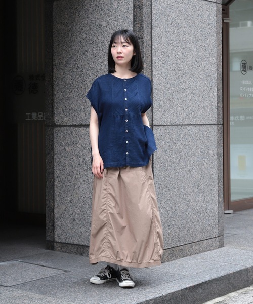 ブラウス シャツ 「 OMNIGOD womens / オムニゴッド 」 インディゴ二重ガーゼ アトリエフレンチスリーブシャツ レディース OMNIGOD womens / オムニゴッド ] インディゴ二重ガーゼ