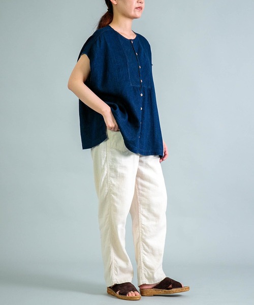 ブラウス シャツ 「 OMNIGOD womens / オムニゴッド 」 インディゴ二重ガーゼ アトリエフレンチスリーブシャツ レディース OMNIGOD womens / オムニゴッド ] インディゴ二重ガーゼ