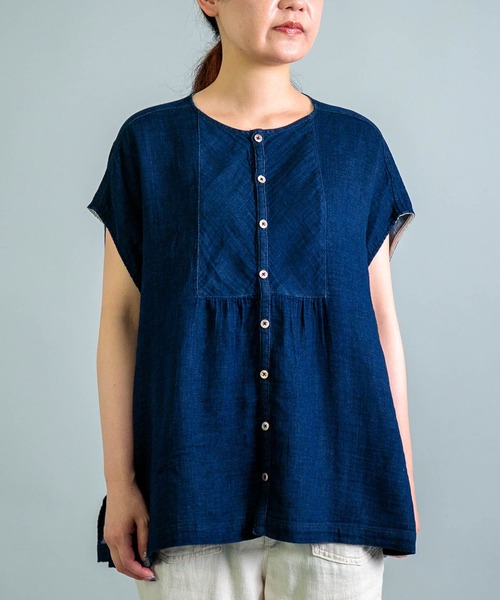 ブラウス シャツ 「 OMNIGOD womens / オムニゴッド 」 インディゴ二重ガーゼ アトリエフレンチスリーブシャツ レディース OMNIGOD womens / オムニゴッド ] インディゴ二重ガーゼ